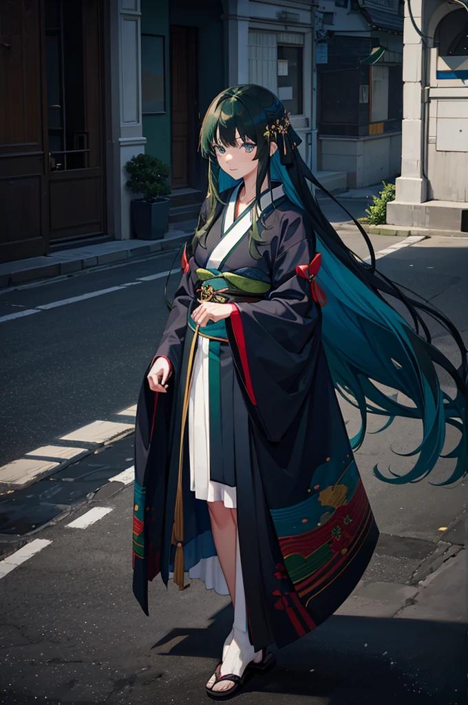 1woman, dark green hair, long hair, blue eyes, kimono, standing on ground, high res, ultra sharp, 8K, masterpiece
