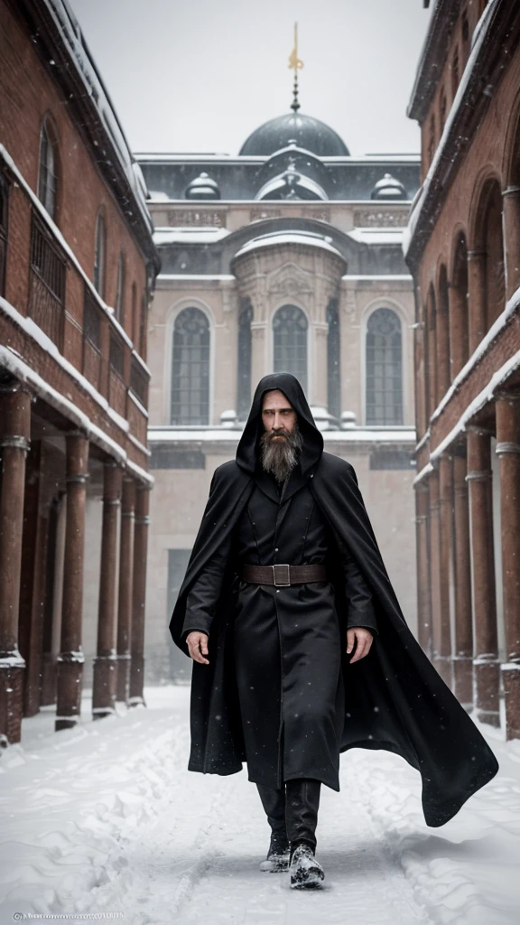 Rasputin bound and being dragged, showing determination and resistance, December 1916, wearing his dark robe, through a snow-covered palace courtyard, with the palace looming in the background, wide shot, hyper-realistic, photo realism, cinematography. Camera lens size should be 200mm, aperture setting f/4.5, and ISO 1600. The artistic medium should be color photography.