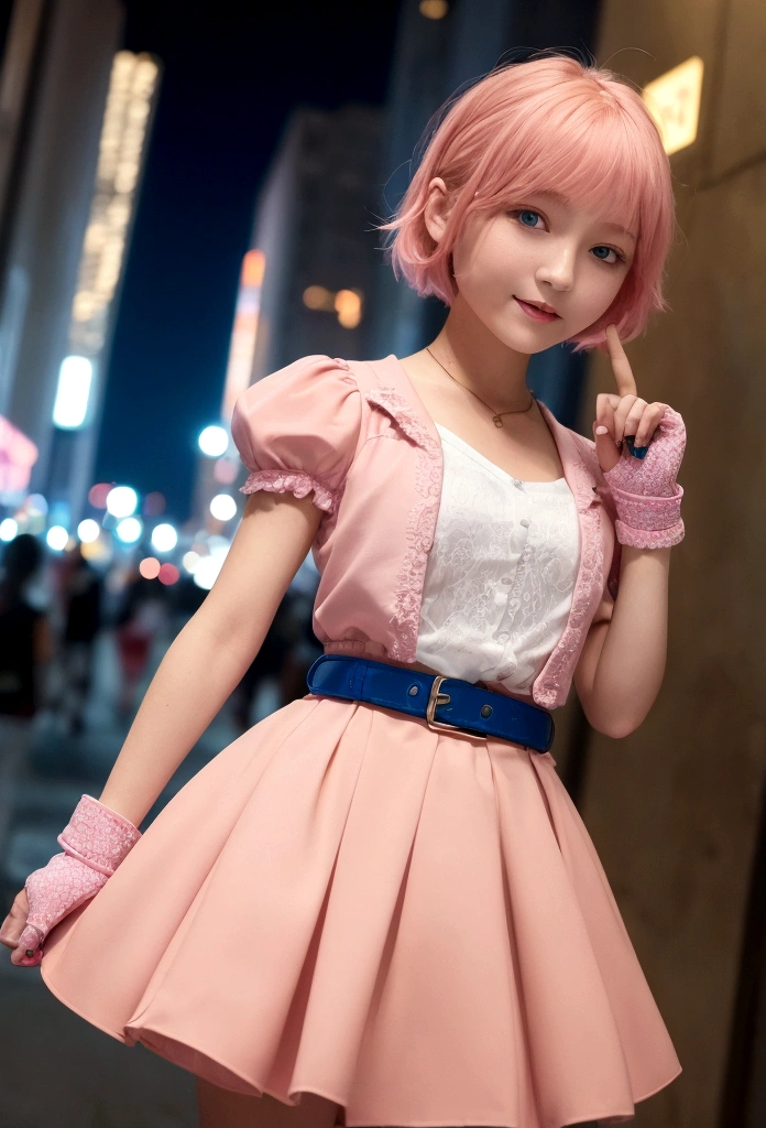 One girl, View your viewers, smile, short hair, blue eyes,Heart Cutout, Jacket, Pink Skirt, Pink Belt, Short sleeve, Puffy sleeves, Wrist Seal, fingerless gloves, Orange Hair, Pink Bag, Dynamic pose, night, Outdoor, city, (Volumetric lighting), Highest quality, masterpiece, Intricate details, Tone Mapping, Sharp focus, Super detailed,