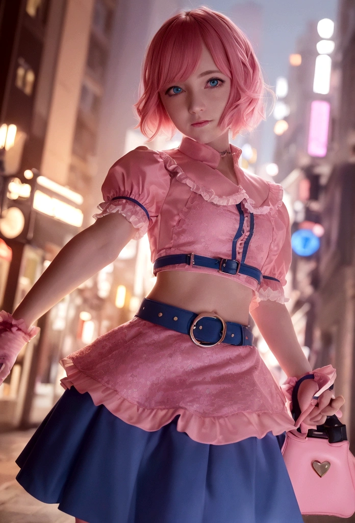 topless woman,cowboy shot, beautiful nora_valkyrie, looking at viewer, smile, short hair, blue eyes,heart cutout, gloves, jacket, pink skirt, pink belt, short sleeves, puffy sleeves, single armband, fingerless gloves, orange hair, pink gloves, dynamic pose, night, outdoors, city, (volumetric lighting), best quality, masterpiece, intricate details, tonemapping, sharp focus, hyper detailed, trending on Artstation