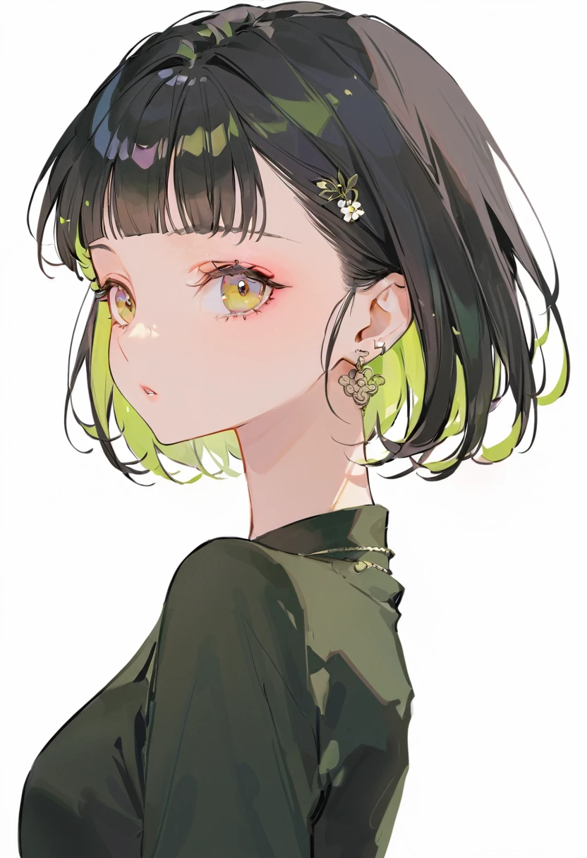 Boyish beautiful girl，Black very short hair,Black hair bangs, Wearing a black silk shirt，