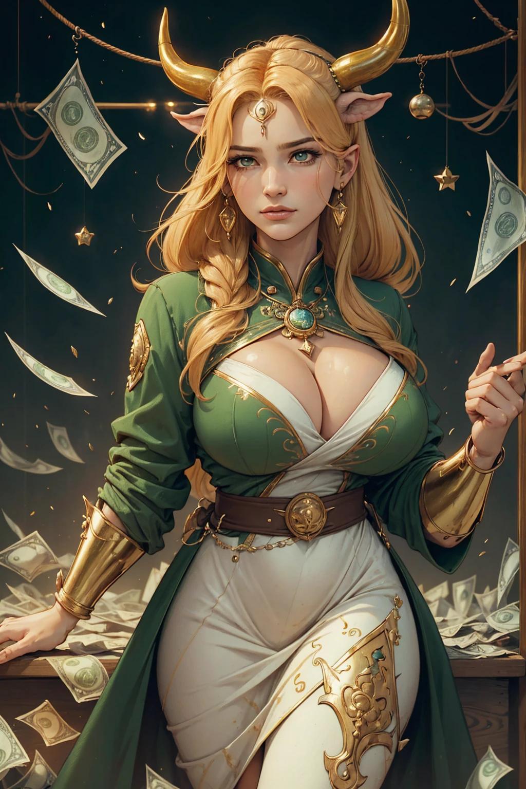 ((best quality)), ((artwork)), (detailded), woman who represents the sign of taurus, They have enormous willpower and tend to view money or possessions as an important part of their lives. Tend to be strong and stable, with ambition and persistence to achieve your professional and personal goals.