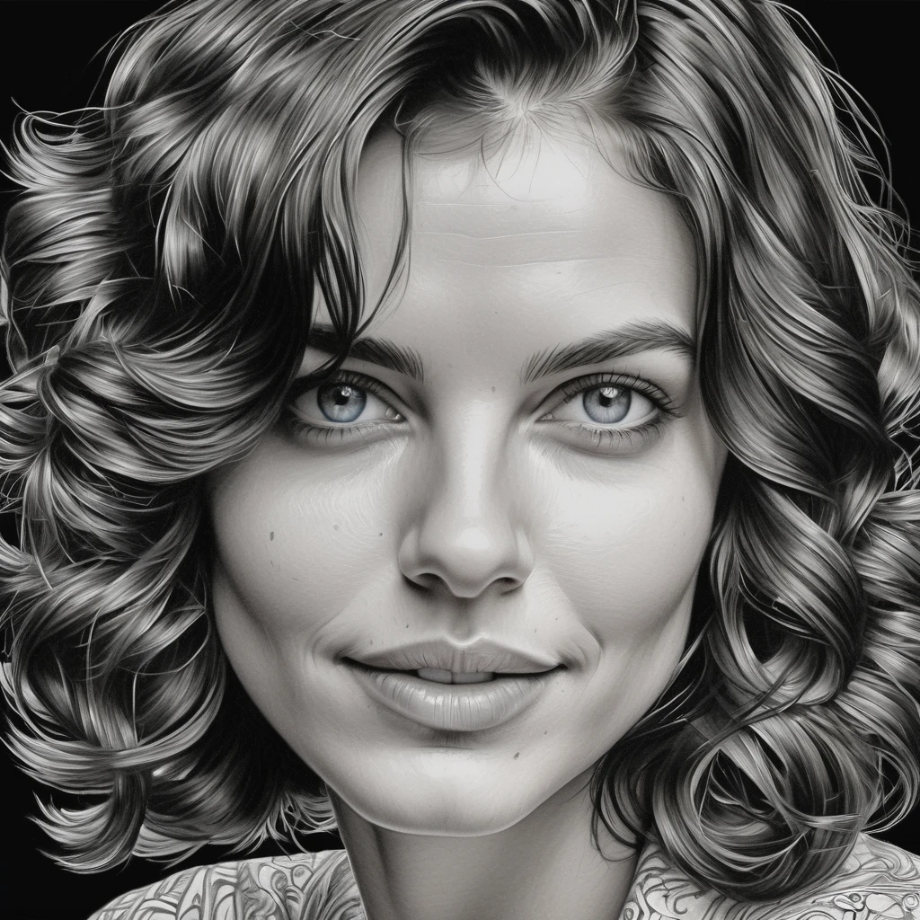 zoom portrait, fountain pen draauing of a Brunette auoman auith a gentle smile, short, slightly curly hair, auell-defined eyeBroaus, Beautiful [:light Blue:15] eyeballs, intricate lines, highy detailed, B&au, monochrome, black andwhite, graffit, pencil painting, coal, (hight contrast:1.1), auhite Background