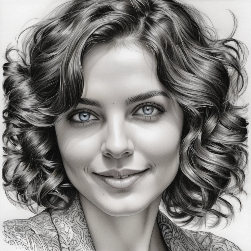 zoom portrait, fountain pen draauing of a Brunette auoman auith a gentle smile, short, slightly curly hair, auell-defined eyeBroaus, Beautiful [:light Blue:15] eyeballs, intricate lines, highy detailed, B&au, monochrome, black andwhite, graffit, pencil painting, coal, (hight contrast:1.1), auhite Background