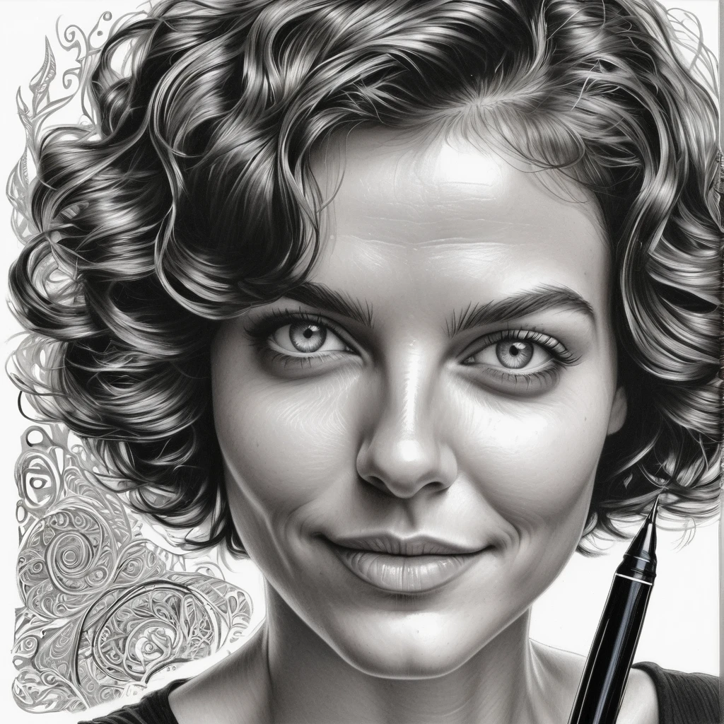 zoom portrait, fountain pen draauing of a Brunette auoman auith a gentle smile, short, slightly curly hair, auell-defined eyeBroaus, Beautiful [:light Blue:15] eyeballs, intricate lines, highy detailed, B&au, monochrome, black andwhite, graffit, pencil painting, coal, (hight contrast:1.1), auhite Background
