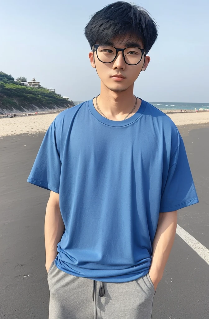 21 year old Beijing boy, he is ((oversized blue plain T shirt)), wearing black short pants, wearing sneakers, wearing glasses, fully body, (he is 한국 머리카락입니다) Korean style, walking, buzz Hairstyle,beach