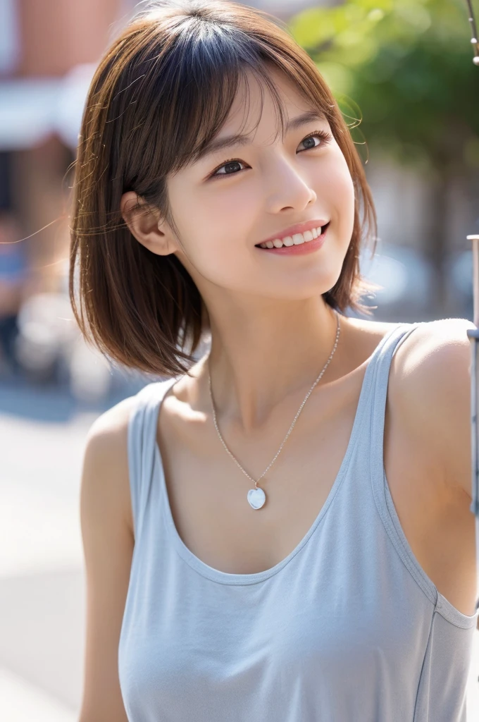 Front view of (((Masamisuno))),(in 8K, top-quality, masterpiece:1.3, 超A high resolution, A hyper-realistic), high detailing, ((Face like the real thing)), Photorealsitic, Raw foto, ((one beautiful women)), 27yo, Detailed face, beautidful eyes, realisticeyes, Eyes in Beautiful Details, (real looking skin), Beautiful skins, enticing, depth of fields, hight resolution, High pixel count, clear details, sharp photo, Natural color reproduction, Noise Reduction, High fidelity, quality, Software Updates, Optimized algorithms, Stylish café terrace, Everyday clothes, Neat and clean clothing, perfect bodies, face perfect, perfect chest, perfect teeth, Perfect tooth alignment, , Sexy lips, Ears are visible, Looking away, Natural perspective, (Don't look into the viewer's eyes), a smile, kindly smile, Beautiful skins, enticing, the golden ratio, (Detal Face:1.2), profetional lighting, Lighting the face, best light, japanes,japanaese girl, Photo of a cute Japanese woman, Small necklace, Thin Silver Necklace, simple background, Casual pose, Short hair swaying in the wind