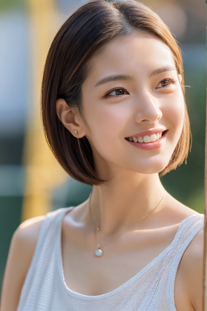 Front view of (((Masamisuno))),(in 8K, top-quality, ​masterpiece:1.3, 超A high resolution, A hyper-realistic), high detailing, ((Face like the real thing)), Photorealsitic, Raw foto, ((one beautiful women)), 27yo, Detailed face, beautidful eyes, realisticeyes, Eyes in Beautiful Details, (real looking skin), Beautiful skins, enticing, depth of fields, hight resolution, High pixel count, clear details, sharp photo, Natural color reproduction, Noise Reduction, High fidelity, quality, Software Updates, Optimized algorithms, Stylish café terrace, Everyday clothes, Neat and clean clothing, perfect bodies, face perfect, perfect chest, perfect teeth, Perfect tooth alignment, , Sexy lips, Ears are visible, Looking away, Natural perspective, (Don't look into the viewer's eyes), a smile, kindly smile, Beautiful skins, enticing, the golden ratio, (Detal Face:1.2), profetional lighting, Lighting the face, best light, japanes，japanaese girl, Photo of a cute Japanese woman, Small necklace, Thin Silver Necklace, simple background, Casual pose, Short hair swaying in the wind
