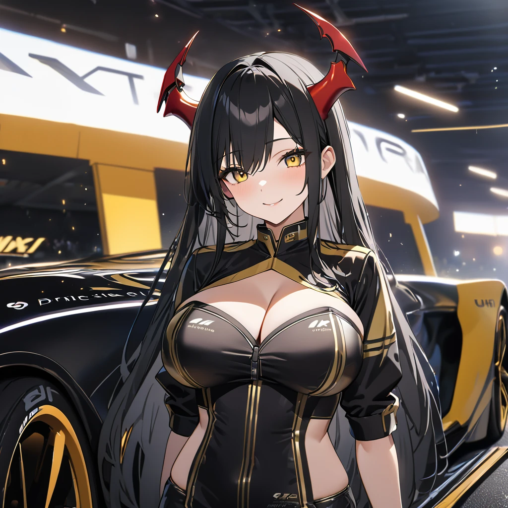 a woman wearing a black race queen uniform with gold details, black boots, big breasts, smiling, red horns, yellow eyes, black hair, long hair, bangs in the eyes, standing in a race car parking lot, at night, illuminated place, next to a black racing car with gold details,UHD , prime work , accurate , anatomically correct , textured skin , super details , high quality , best quality, 8k, high resolution, bokeh effect. (woman alone),
