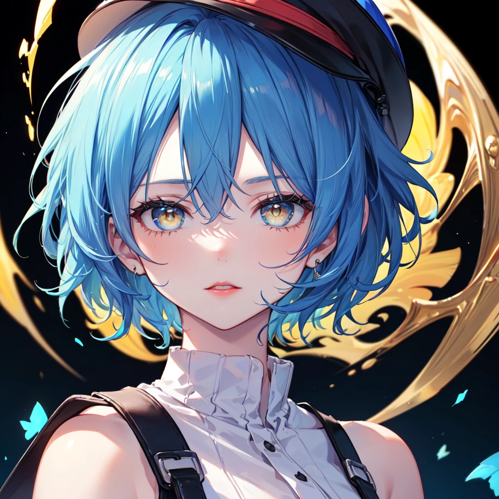 (8K, best quality, best quality, masterpiece), 17 year old girl, Face Focus, black background, Yellow eyes, Red lips, (((Blue Hair, Medium to short hair, Blue Hat)))