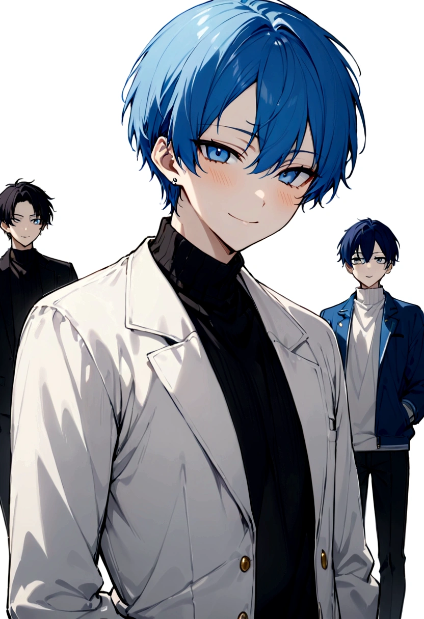 View center、frontから、front、グレーのJacket、smile、Long earrings、イケメhmm、youth、イケメhmm、male、male性、Short Hair(masterpiece, best quality:1.2), 30 years old、White background、male性、Rin々Shii、Sharp eyes、、Black turtleneck、White clothes、Blue Hair、blue eyes、whole body、White background、male性、Short Hair、front向き、hmm、Jacket、カーゴパhmmツfront向き、male、ネックレスmaleらShii服装、