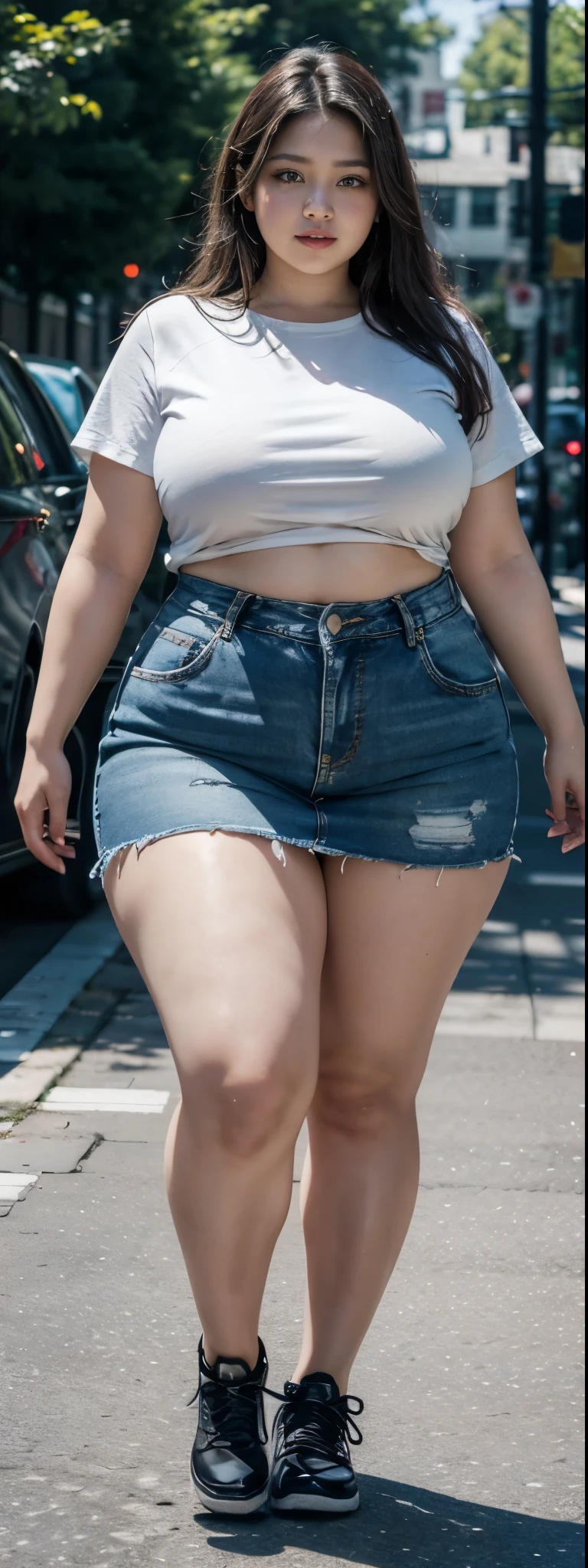 ((best quality)), ((masterpiece)), (detailed), malay woman, perfect face, araffe woman in a dark-blue shirt and blue denim skirt walking down a street, thicc, she has a jiggly fat round belly, bbwchan, wearing tight simple clothes, skinny waist and thick hips, widest hips, her belly is fat and round, soft curvy shape, hyperrealistic full figure, wearing a cute top, wide hips