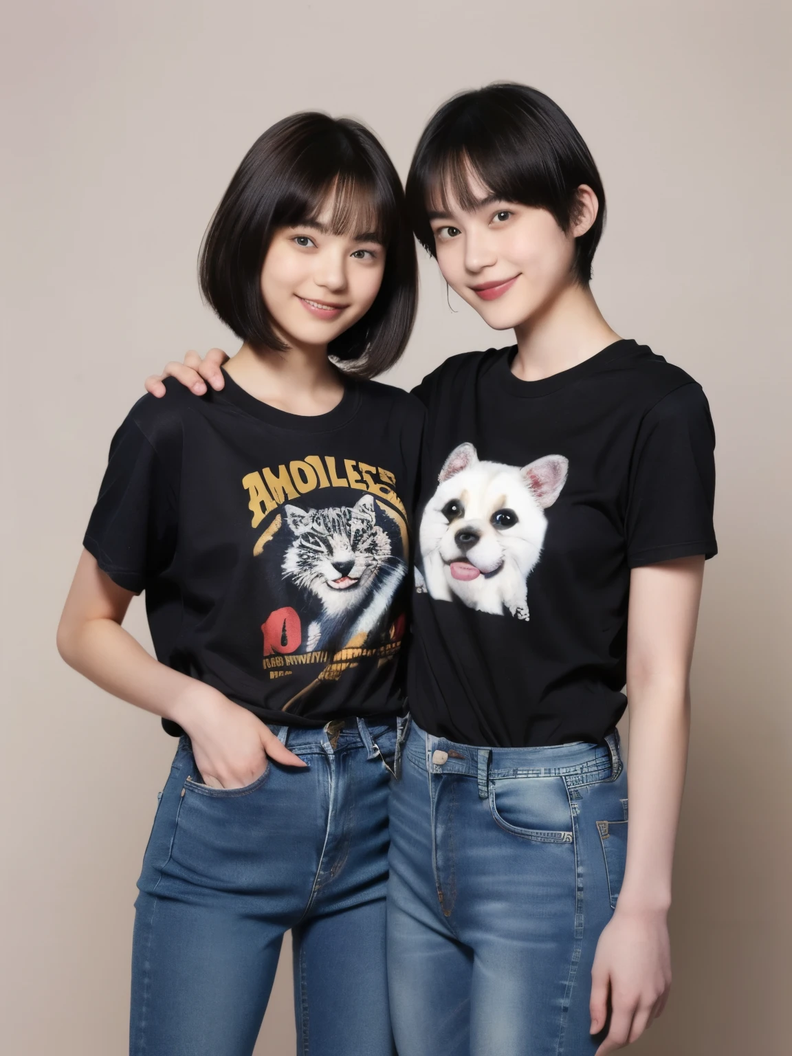 250 (An 18-year-old female and an 18-year-old male), (short hair),kind, lipstick, (jeans), (Animal characterTshirt), smile