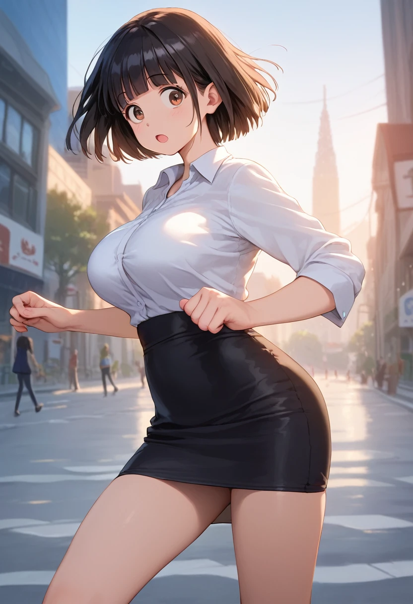 score_9,score_8_up,score_7_up,masterpiece,best quality, source anime, realistic, super detailed, extreme detailed, rating_explicit,
1girl, (running:1.1), (I'm late), office lady,
BREAK girl, 22yo, short hair, bob cut, (blunt bangs), black hair, (tareme, detailed cute brown eyes), curled eyelashes, (large breasts:0.9), 
shiny hair, beautiful detailed eyes, beautiful face,
slender, small ass, slim legs,
white collared shirt, black jacket, black tight mini skirt, pumps,
seriousness, Hurried, surprised eyes, wavy open mouth,
city, street, morning,