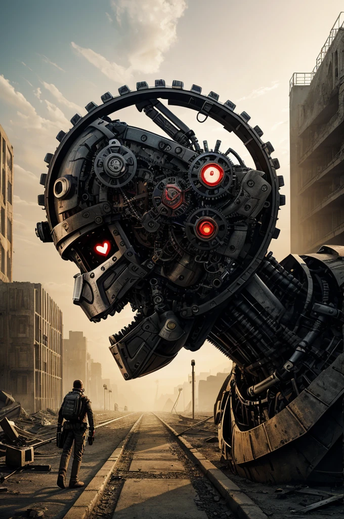 Create a photo of a book cover, who has a mechanical heart or a robotic heart. While in the background there is a dystopian and destructive world