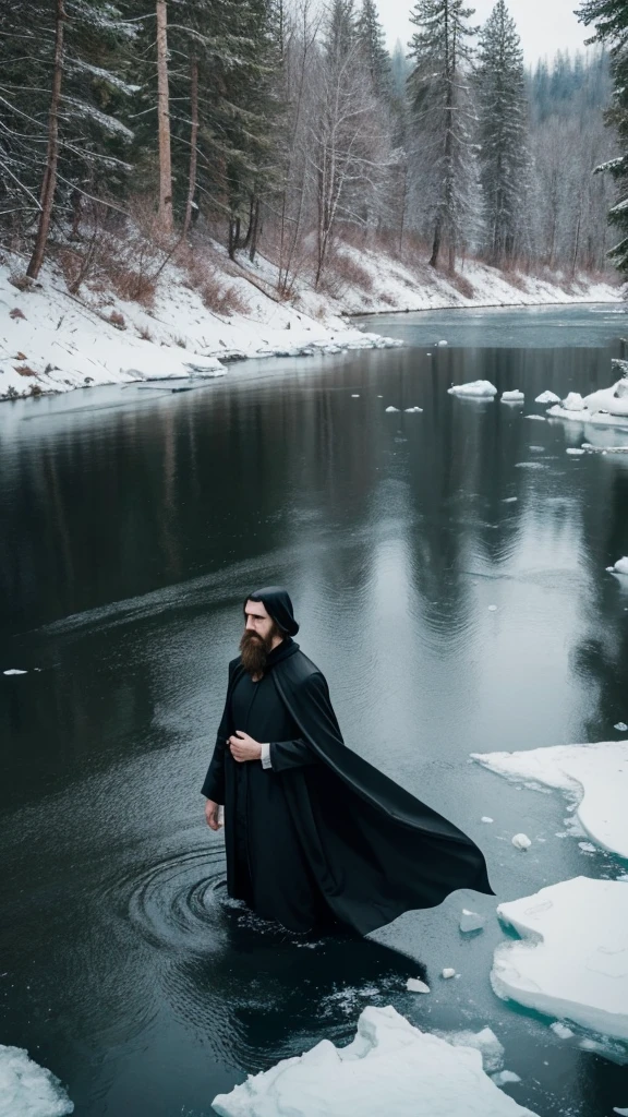 Rasputin's body floating in a river, eerie and still, December 1916, in his dark robe, amidst chunks of ice, with a snowy forest in the background, medium shot, hyper-realistic, photo realism, cinematography. Camera lens size should be 200mm, aperture setting f/4.5, and ISO 1600. The artistic medium should be color photography