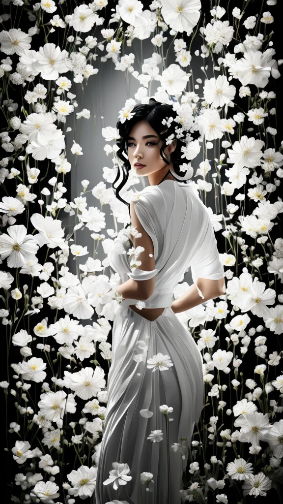 The flowers on both sides form a frame. 額の中にはcoolとライバルの入った女性 glamorous cool Women are black and white but flowers are vibrantly colored Best Quality, Masterpiece, Ultra High Resolution, (Realisticity: 1.4), Original Photo, Cinematic Lighting