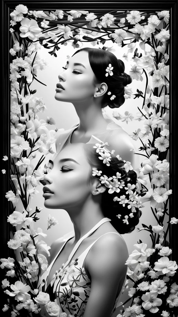The flowers on both sides form a frame. 額の中にはcoolとライバルの入った女性 glamorous cool Women are black and white but flowers are vibrantly colored Best Quality, Masterpiece, Ultra High Resolution, (Realisticity: 1.4), Original Photo, Cinematic Lighting
