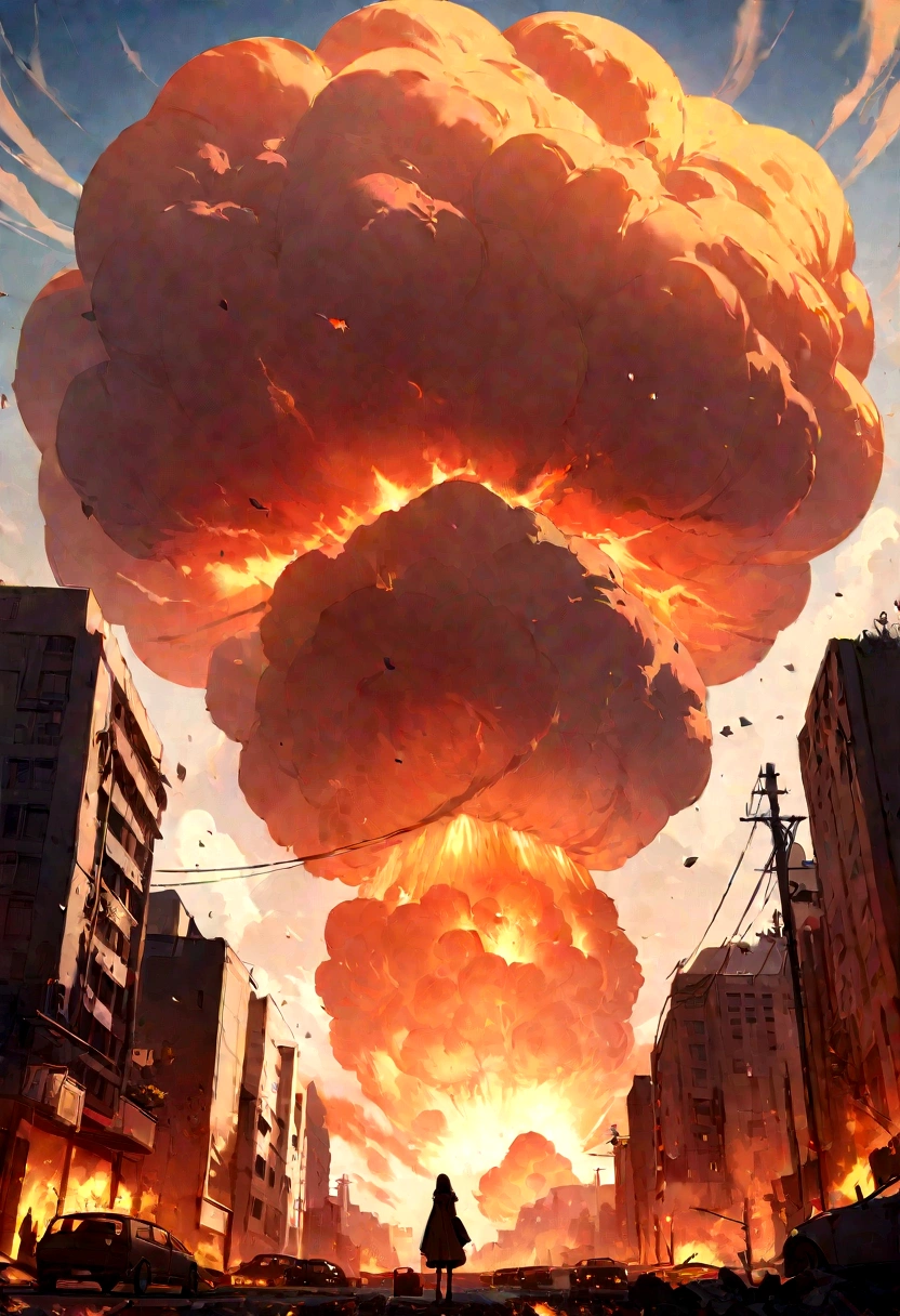 best quality, (wide shot), CGSsociety, 8K, ultra-realistic, masterpiece, nuclear explosion in a Large city ruined buildings, fire, debris