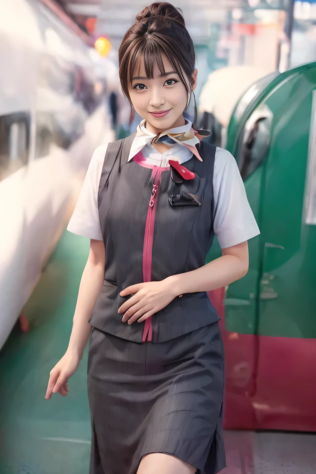 (masterpiece:1.2, highest quality:1.2), 32K HDR, High resolution, (alone、1 girl)、(At the station platform、Professional Lighting)、Background of an empty station platform、(Realistic style of JR Gran Class crew wearing uniform)、Short sleeve blouse、a scarf around the neck、(JR Gran Class flight attendant uniform with pink parts on the skirt sleeves)、(JR Gran Class flight attendant uniform with pink line on front zipper of vest)、Dark brown hair、(Hair tied up、Hair Bun、Hair Bun)、Dark brown hair、Long Shot、Big Breasts、((Great hands:2.0)),((Harmonious body proportions:1.5)),((Normal limbs:2.0)),((Normal finger:2.0)),((Delicate eyes:2.0)),((Normal eyes:2.0)))、Luxury Necklace、smile、Beautiful standing posture,Place your hands around your stomach