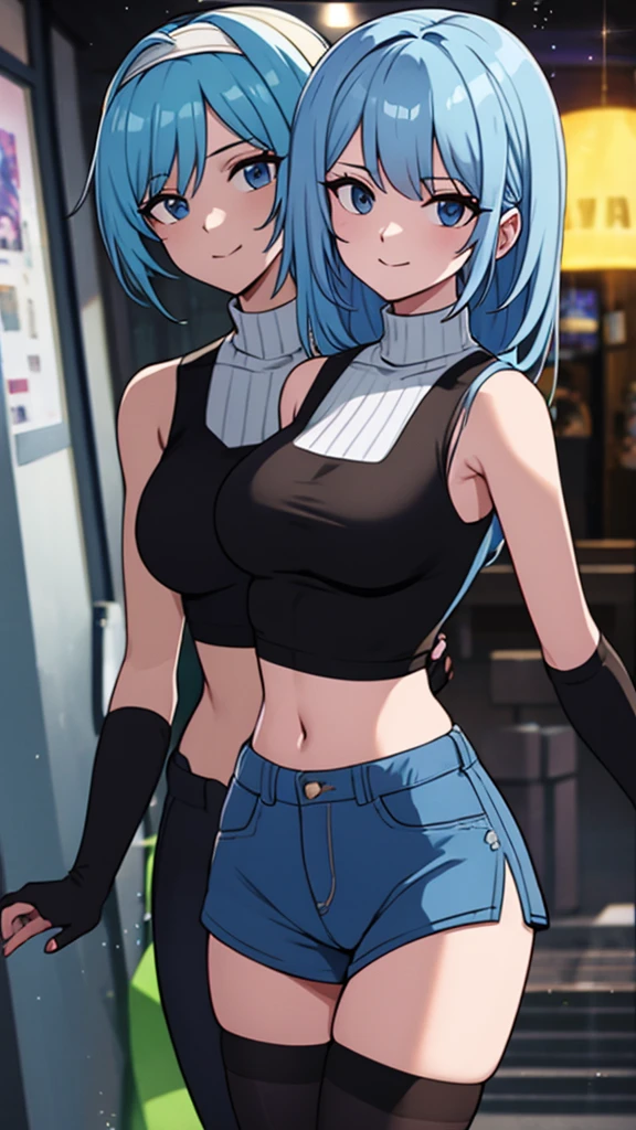 best quality, (masterpiece),(ultra-detailed), (high quality), (high resolution), ((2heads:1.5)), best quality:1.5, highres, UHD, 16K), smiling, highres, masterpiece, ((light blue hair)), gamer girl, long hair, hair band, black eyes, ((cinematic particles)), ((grey hot pants)), arcade room, (black gloves), cowboy shot, ((sleeveless jacket over a white crop top)), exposed midriff, fingerless gloves