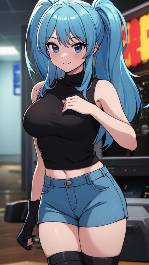 best quality, (masterpiece),(ultra-detailed), (high quality), (high resolution), ((2heads:1.5)), best quality:1.5, highres, UHD, 16K), smiling, highres, masterpiece, ((light blue hair)), gamer girl, long hair, hair band, black eyes, ((cinematic particles)), ((grey hot pants)), arcade room, (black gloves), cowboy shot, ((sleeveless jacket over a white crop top)), exposed midriff, fingerless gloves