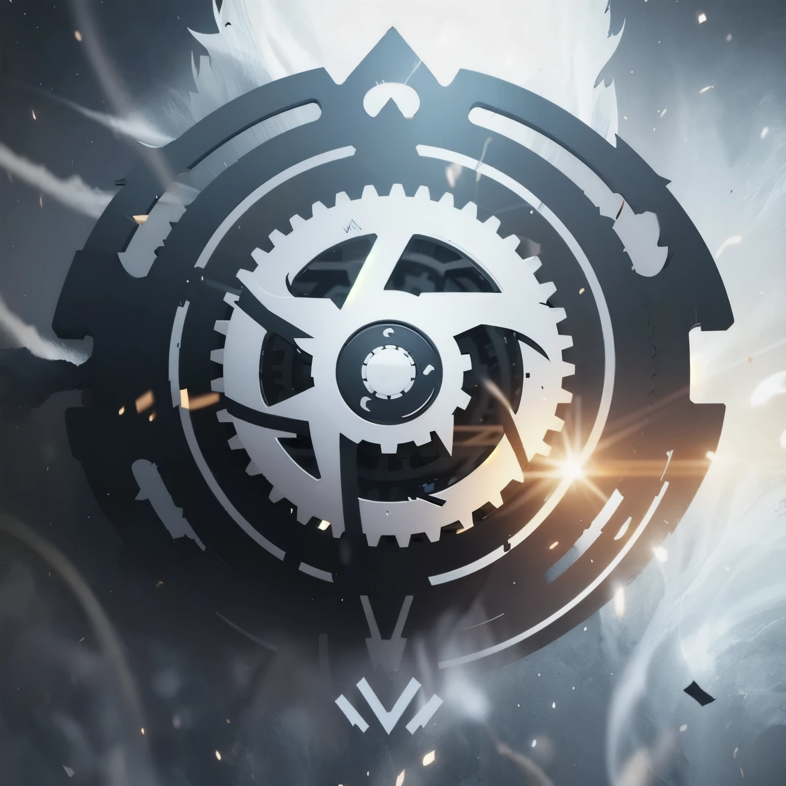 a logo using a gear, very big gear, simple for a metal faction in an RPG world, iron emblem, only gray color, resistant, adaptive, Symmetrical, posh, high qualiy, details always with square corners, com fundo branco