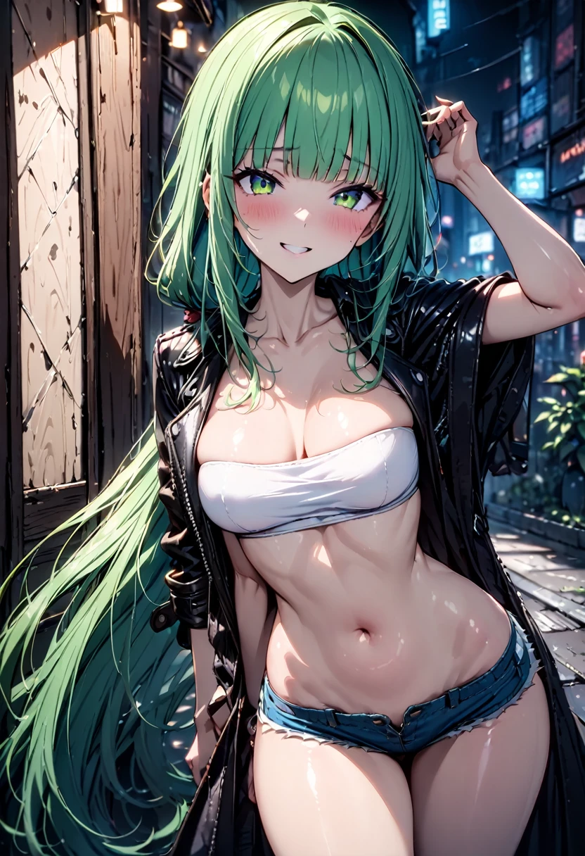 ((masterpiece,Highest quality:1.3)),cowboy shot,1woman、30-year-old beautiful detective、独奏,((very small head:1.5)),green hair,(low ponytail),long hair,blunt bangs,green eyes,gorgeous eyes,shy,smile,medium breasts,((very long body:1.3)),(toned body,slender body,skinny),gleaming skin,shiny skin,oily skin,(leather jacket、Tube top shirt、Micro Shorts、World of Blade Runner、