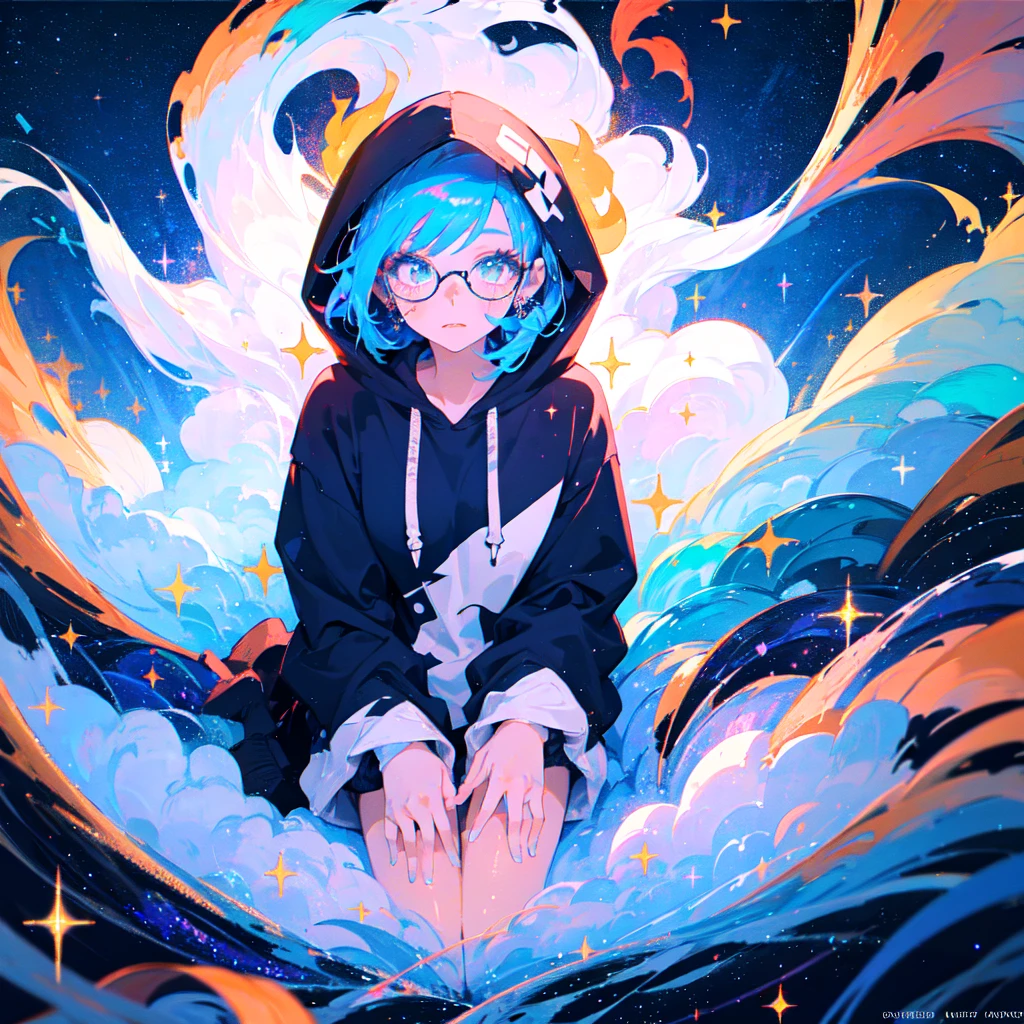 masterpiece, best quality, 1girl, blue hair, medium hair, hoodie, hood up, glasses, jewelry dynamic, colorful, cloudy sky, sparkle, sparkling, glitter, glittering, iridescent, swirl, swirling, abstract, expressive
