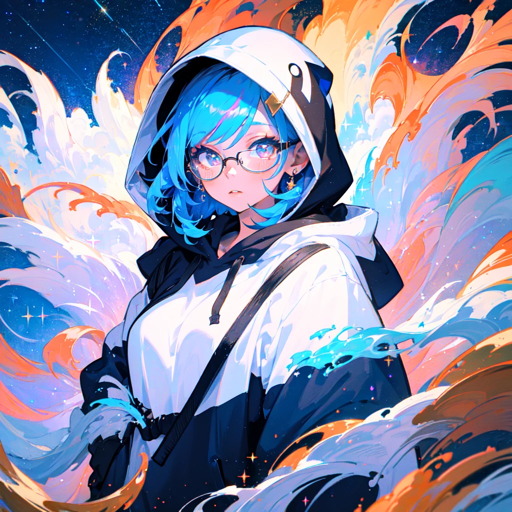 masterpiece, best quality, 1girl, blue hair, medium hair, hoodie, hood up, glasses, jewelry dynamic, colorful, cloudy sky, sparkle, sparkling, glitter, glittering, iridescent, swirl, swirling, abstract, expressive