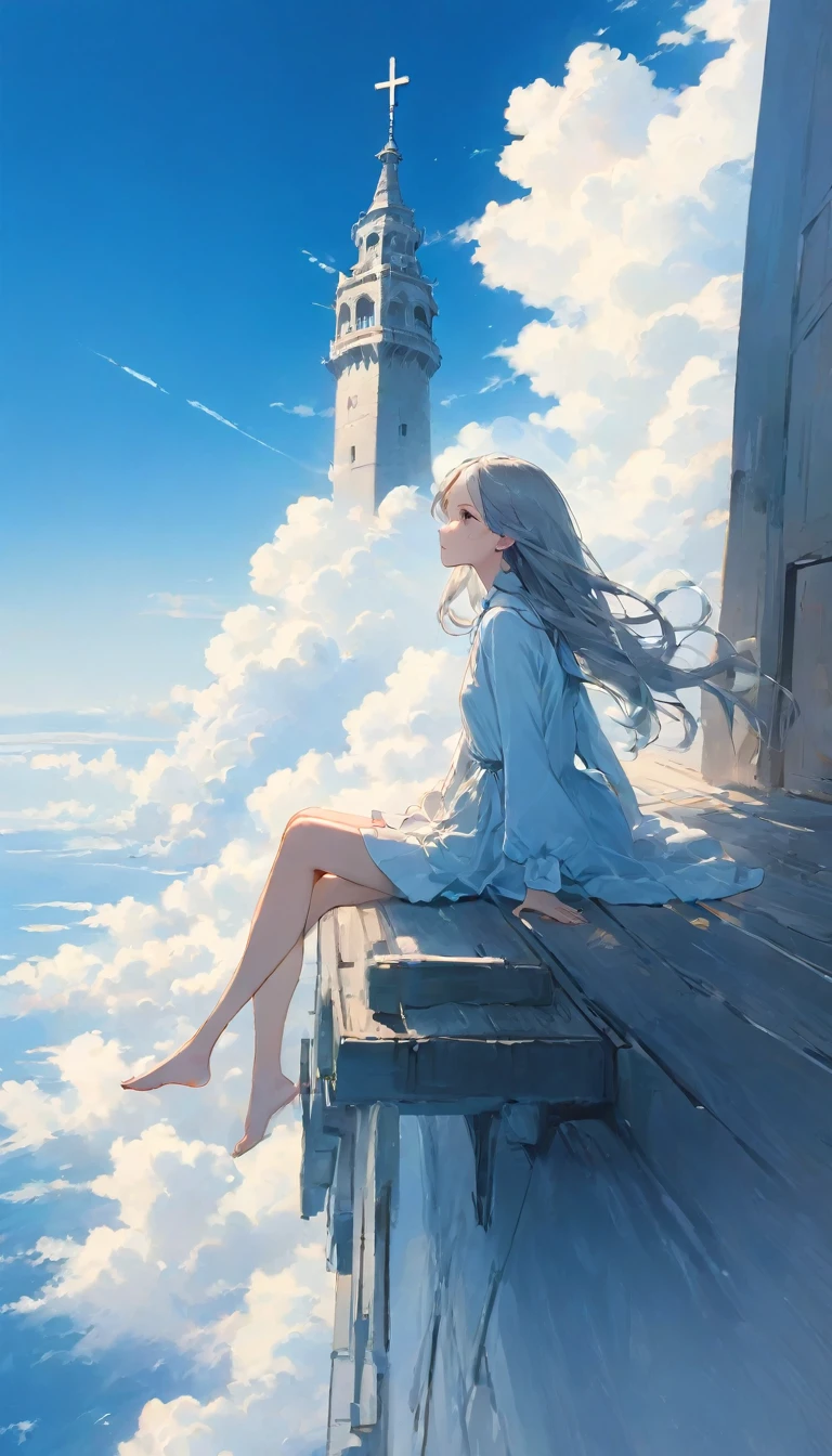 finely detailed illustration, vibrant color,High resolution、８ｋ、pretty girl、One Girl、Highest quality、masterpiece、detailed eye and face, A thin tower stretching high into the sky、Cylindrical tower、sea of clouds、blue sky、Sitting cross-legged、Hair blowing in the wind、Gray Hair、Girl staring into the distance、White clothes、barefoot、Full body angle、sea of clouds