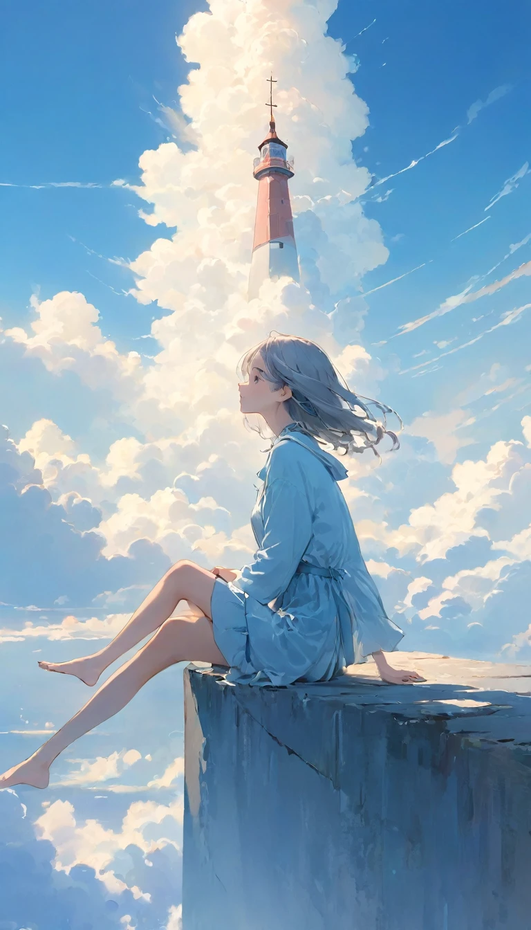finely detailed illustration, vibrant color,High resolution、8k、pretty girl、One Girl、Highest quality、masterpiece、detailed eye and face, A thin tower stretching high into the sky、Cylindrical tower、sea of clouds、blue sky、Sitting cross-legged、Hair blowing in the wind、Gray Hair、Girl staring into the distance、White clothes、barefoot、Full body angle、sea of clouds