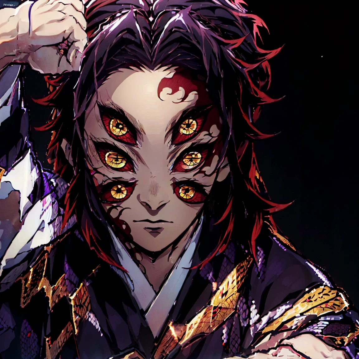 (Best Quality,ultra detailed,realist:1.37),high resolution(4k,8k),portrait,Demon Slayer character,black hair with blue,semi long hair,dark blue eyes with golden irises,,warm smile,YOUNG,sarcastic,24 years ,Kimetsu no Yaiba&#39;s distinctive style, firm installation, vibrant colors, detailed facial features, powerful aura, determined expression, katana in hand, fierce eyes, dusk scene, dramatic lighting, flowing layer, a dark yukata with gold decorations, intricate patterns, dark blue background.
