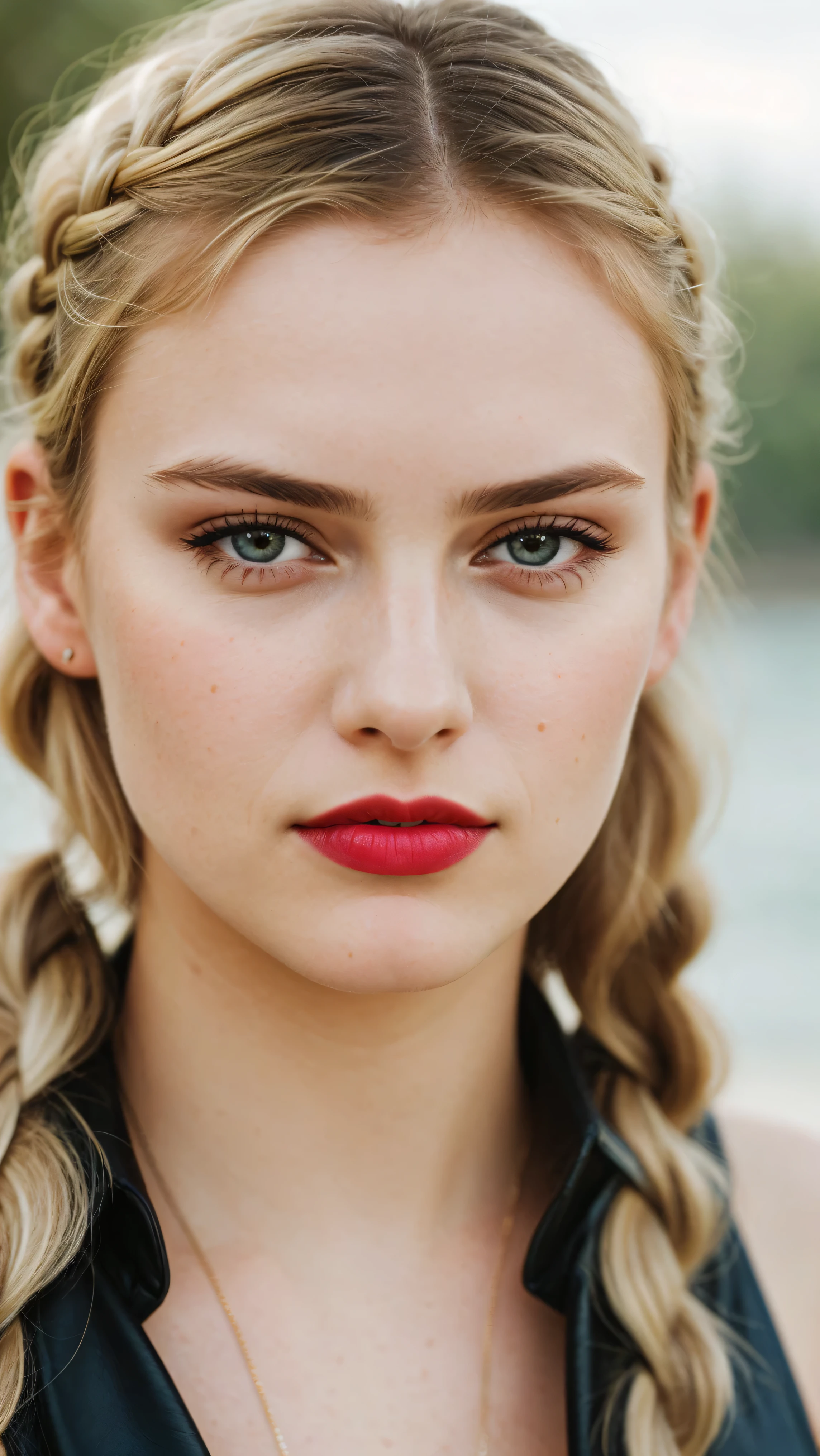 Photograph of a 25 year old woman, (ambivalent facial expression), face looking at camera, full face, portrait, faces are visible more, and the eyes look straight, textured leather, goosebumps, ash blonde mermaid with braid, Perfect eyes, realistic skin texture, too much sweat, (ektachrome), Velvia 100 color, shot with Leica T, hips, sharp focus on the subject, shot by Peter Lindbergh, bright, fair, realistic look, toka on forehead, nose jewelry, big lips, red lipstick, pink slip,