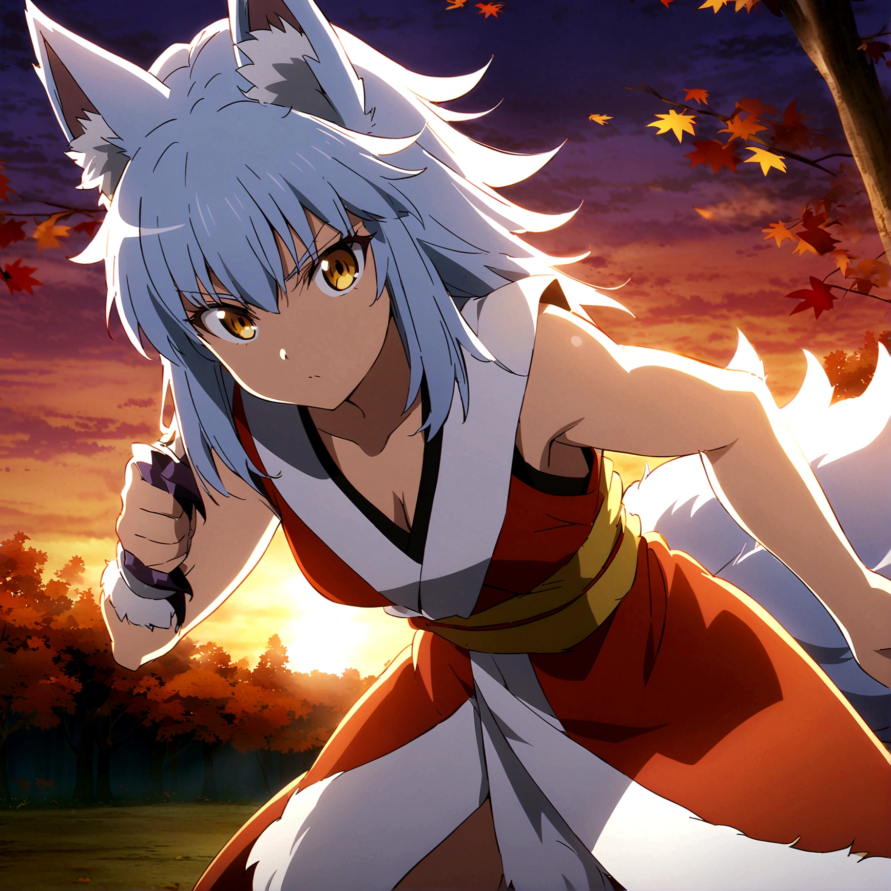 fox Light blue hair 　beast girl　indigo fur　fox beast girl　Sesshomaru, Yellow eyes, Anime, Perfect face, Perfect Lighting, Outdoors, Warm colors, Dark purple sky, Autumn sunset,  \(inuyasha\), Bearing Claw, Ready to fight