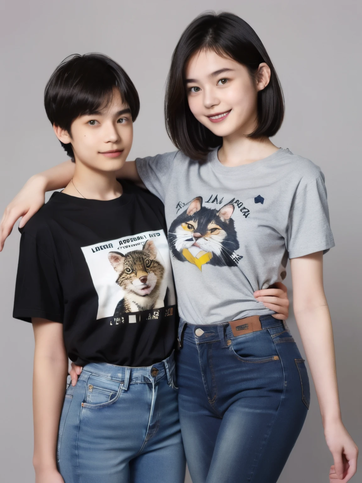 250 (An 18-year-old female and an 18-year-old male), (short hair),kind, lipstick, (jeans), (Animal characterTshirt), smile
