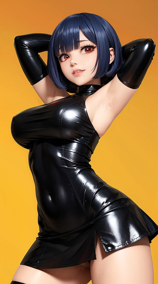 (cabello despeinado), (illustration), retrato, (fondo de ciudad futurista), (arms behind back), Cintura delgada, gran sonrisa, abdominales fuertes, chica delgada, strong abs, muscle girl, front pose, big thighs, focus on face, flat chested, large city background, blue hair, red eyes, skirt, detailed vagina, nude, heavy armor suit