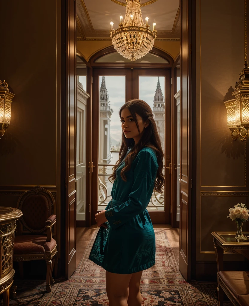 a beautiful detailed girl in a luxurious budapest hotel,overlooking the serene lake geneva,intricate architecture,ornate interior,dramatic lighting,cinematic composition,highly detailed,photorealistic,vibrant colors,masterpiece