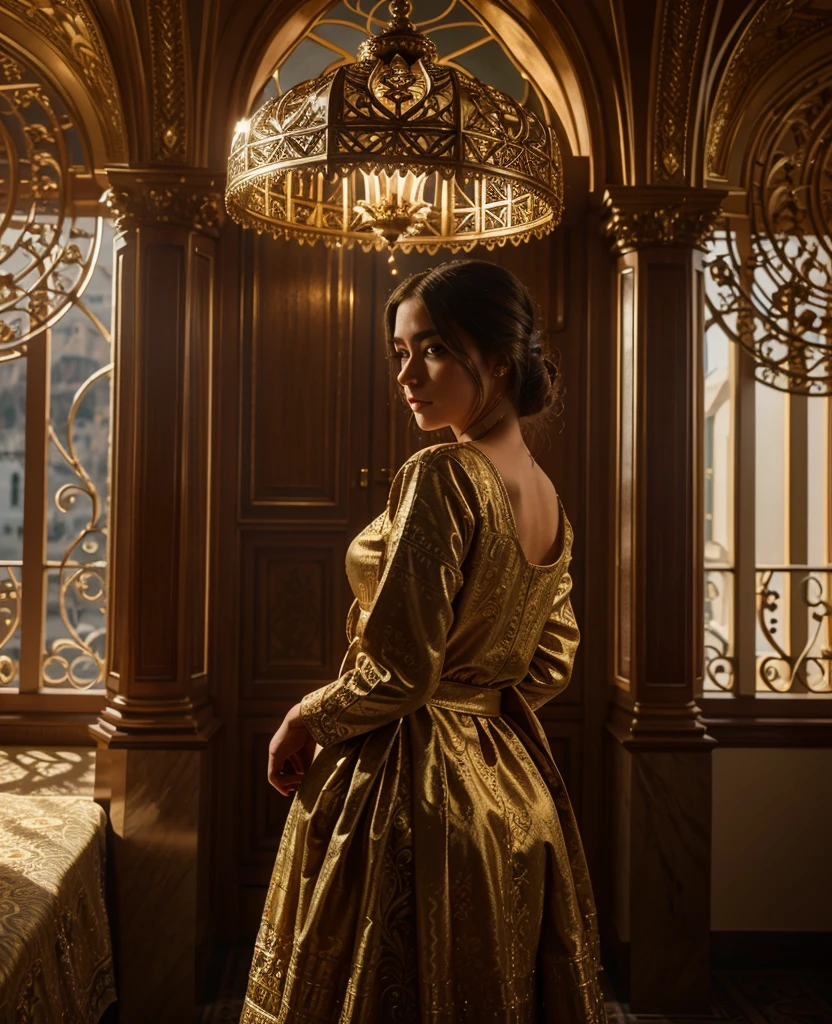a beautiful detailed girl in a luxurious budapest hotel,overlooking the serene lake geneva,intricate architecture,ornate interior,dramatic lighting,cinematic composition,highly detailed,photorealistic,vibrant colors,masterpiece