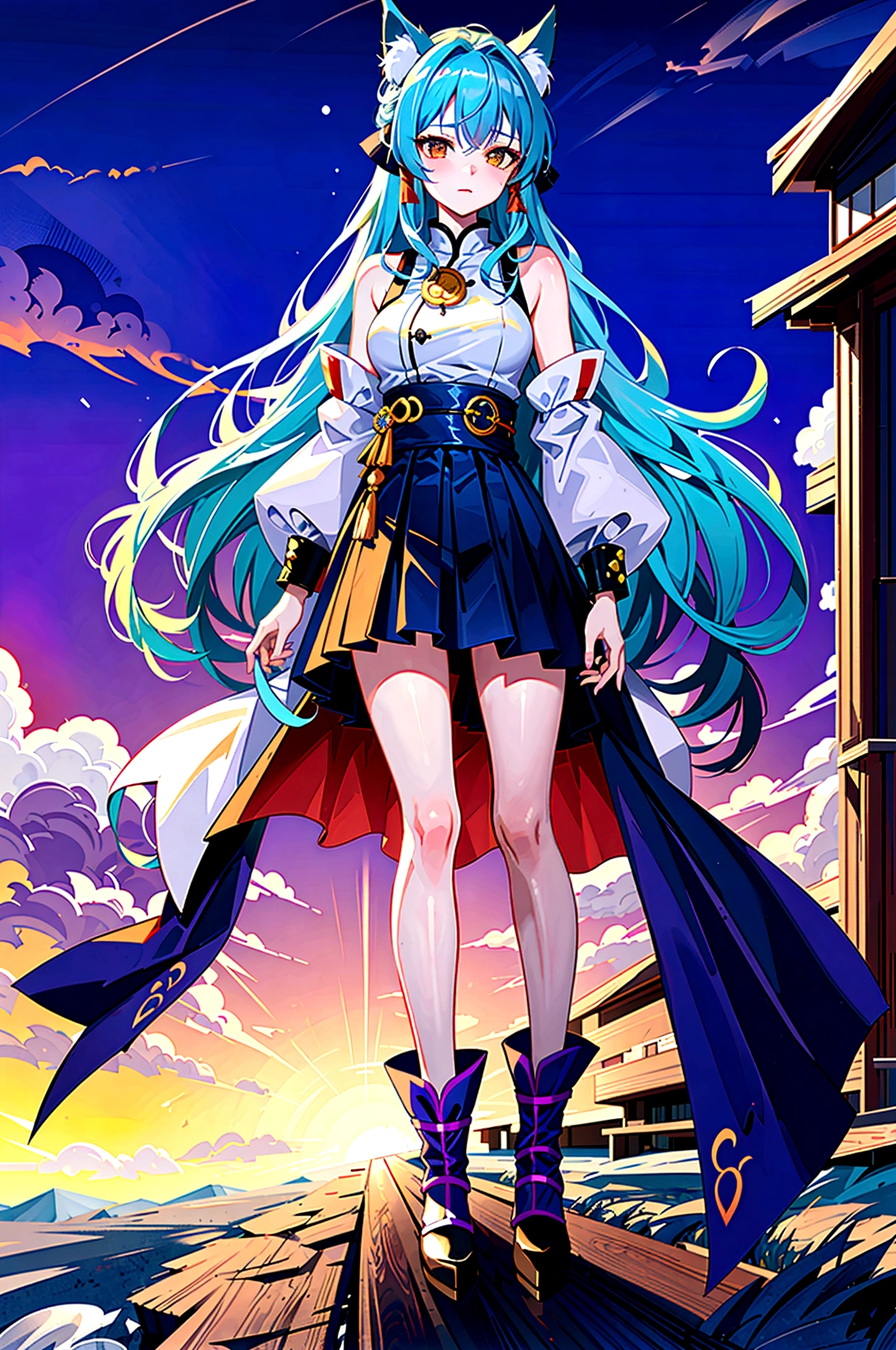 fox Light blue hair 　beast girl　indigo fur　fox beast girl　Sesshomaru, Yellow eyes, Anime, Perfect face, Perfect Lighting, Outdoors, Warm colors, Dark purple sky, Autumn sunset,  \(inuyasha\), Bearing Claw, Ready to fight