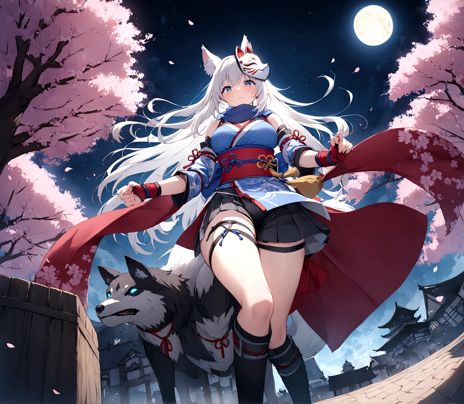 On top of the castle、Looking down from the castle tower、gauntlet、Throwing Shuriken、insert、Asahi、A magnificent view of the city from the treetops、(masterpiece, best quality:1.2), 1girl, 独奏,Wolf girl, fox mask, ninja, girl, long white hair, odd eyes, blue kimono, ninja girl, red and blue scarf,Dancing Cherry Blossoms,Full moon backlighting, light coming in, fantastic atmosphere.night、Shadows of light and darkness、Eyes glowing in the dark、Black fox mask、Fisheye Lens、Expansive starry sky、long hair that spreads、Overlooking the city from atop a large cherry tree、Aside exposure