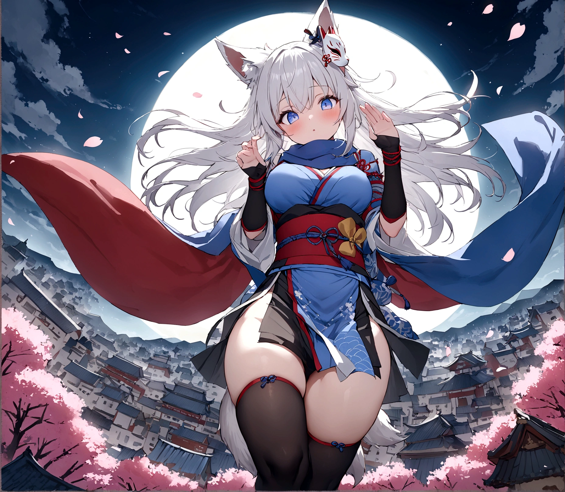 On top of the castle、Looking down from the castle tower、gauntlet、Throwing Shuriken、insert、Asahi、A magnificent view of the city from the treetops、(masterpiece, best quality:1.2), 1girl, 独奏,Wolf girl, fox mask, ninja, girl, long white hair, odd eyes, blue kimono, ninja girl, red and blue scarf,Dancing Cherry Blossoms,Full moon backlighting, light coming in, fantastic atmosphere.night、Shadows of light and darkness、Eyes glowing in the dark、Black fox mask、Fisheye Lens、Expansive starry sky、long hair that spreads、Overlooking the city from atop a large cherry tree、Aside exposure