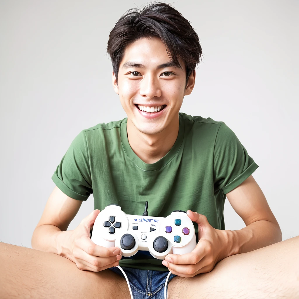 male youth university student Japanese A refreshing look A big smile holding a game controller in hand Exciting looking at the camera High tension Wide angle White background
