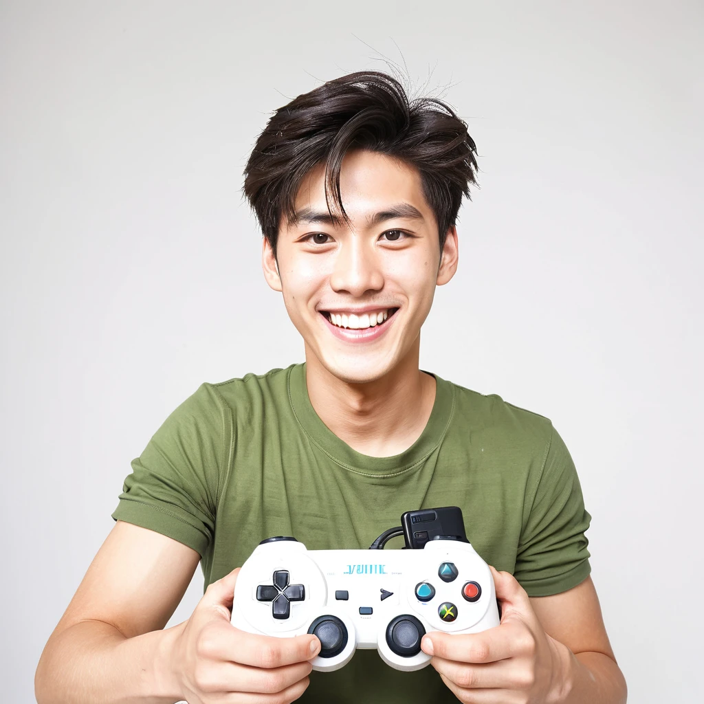 male youth university student Japanese A refreshing look A big smile holding a game controller in hand Exciting looking at the camera High tension Wide angle White background