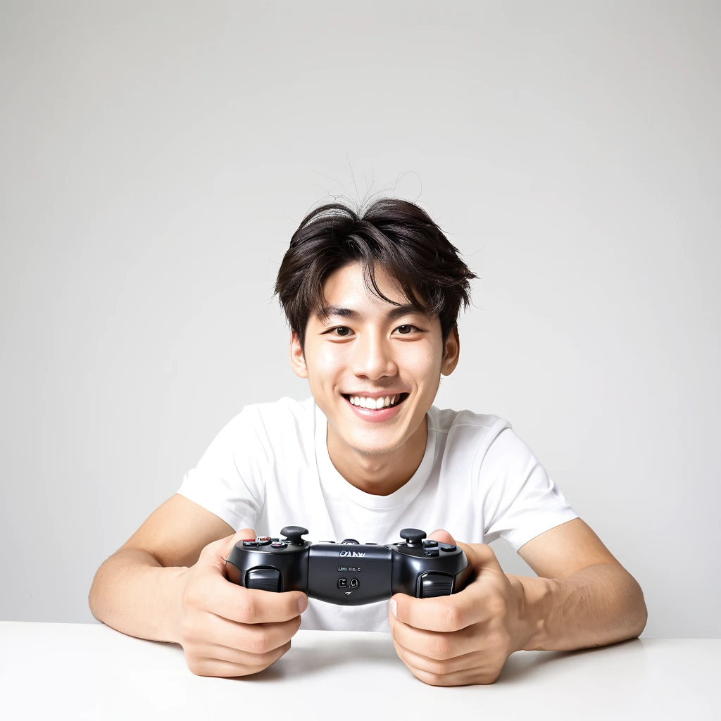 male　youth　university student　Japanese　A refreshing look　A big smile　holding a game controller in hand　Exciting　looking at the camera　High tension　Wide angle　　White background　