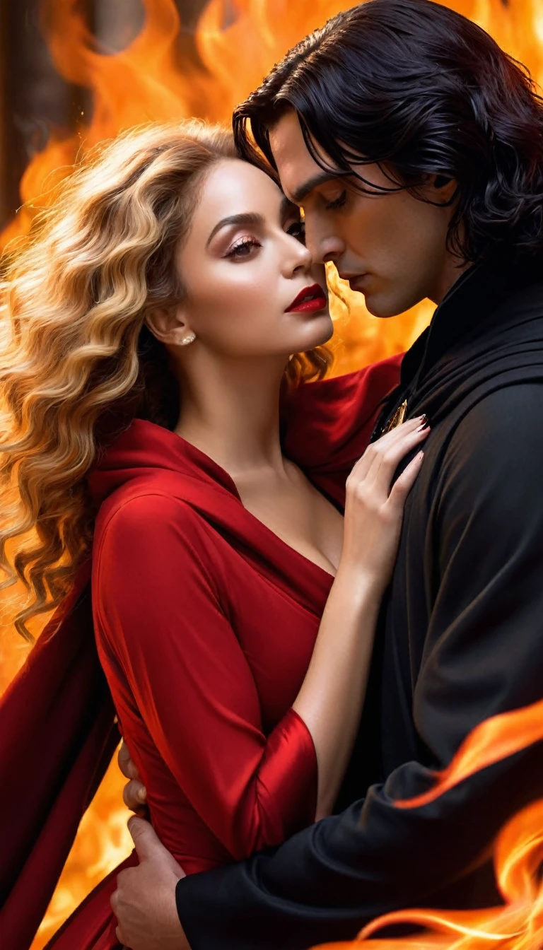 - Scene: Create an image of two people in love in a setting of mystery and passion.
- Woman's Appearance:
- Resembles Beyoncé
- Brown skin
- Long, golden blonde curly hair
- Confident and seductive expression
- Wearing a red dress, elegant and form-fitting
- Lips painted a deep, intense red
- Man's Appearance:
- Resembles Severus Snape
- Pale skin
- Large nose
- Black, straight hair falling around his face in a somber manner
- Serious and intense expression
- Wearing a black cloak, contrasting with the flames around them
- Atmosphere:
- Surrounded by flames, creating a mystical and fiery ambiance
- Soft lighting highlighting their faces, enhancing the sparkle in their eyes
- Flames adding an element of intensity and mystery to the scene
- They are close to each other, gazing intensely into each other's eyes, exuding a strong emotional connection