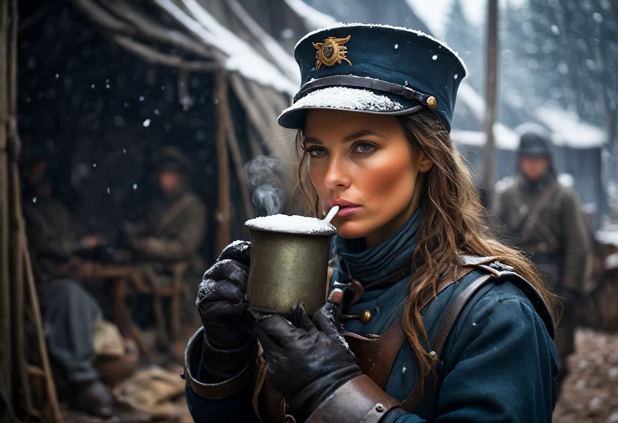 Show Napoleon's female soldier drinking coffee from an old tin cup in front of her camp while looking at the camera.
Depict the soldier feeling cold, with snow falling around her.
Use cold and muted colors to convey the harshness of the winter and the exhausting guarding duty, background dark, perfect fingers, hyper realistic, ultra detailed hyper realistic, photorealistic, Studio Lighting, reflections, dynamic pose, Cinematic, Color Grading, Photography, Shot on 50mm lens, Ultra-Wide Angle, Depth of Field, hyper-detailed, beautifully color, 8k