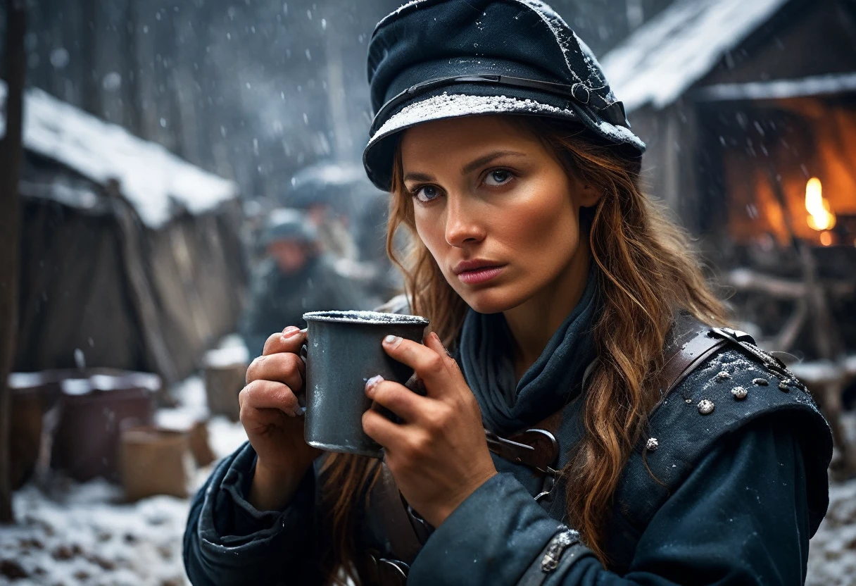 Show Napoleon's female soldier drinking coffee from an old tin cup in front of her camp while looking at the camera.
Depict the soldier feeling cold, with snow falling around her.
Use cold and muted colors to convey the harshness of the winter and the exhausting guarding duty, background dark, perfect fingers, hyper realistic, ultra detailed hyper realistic, photorealistic, Studio Lighting, reflections, dynamic pose, Cinematic, Color Grading, Photography, Shot on 50mm lens, Ultra-Wide Angle, Depth of Field, hyper-detailed, beautifully color, 8k