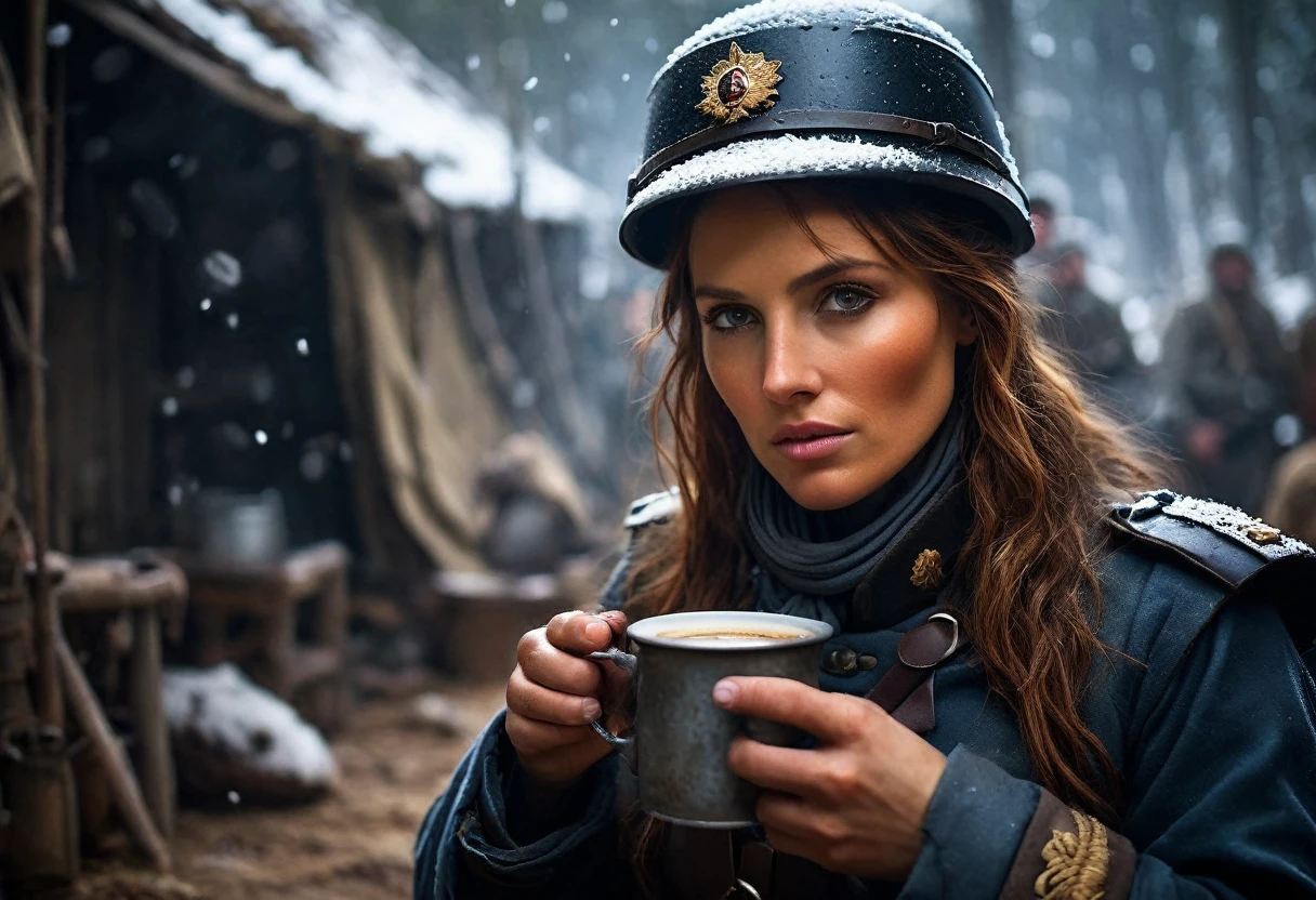 Show Napoleon's female soldier drinking coffee from an old tin cup in front of her camp while looking at the camera.
Depict the soldier feeling cold, with snow falling around her.
Use cold and muted colors to convey the harshness of the winter and the exhausting guarding duty, background dark, perfect fingers, hyper realistic, ultra detailed hyper realistic, photorealistic, Studio Lighting, reflections, dynamic pose, Cinematic, Color Grading, Photography, Shot on 50mm lens, Ultra-Wide Angle, Depth of Field, hyper-detailed, beautifully color, 8k