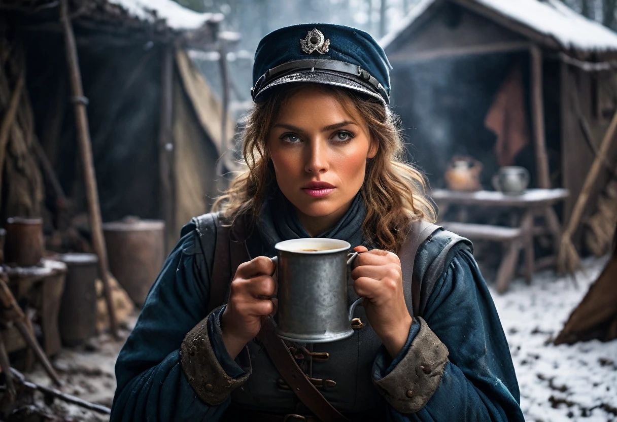 Show Napoleon's female soldier drinking coffee from an old tin cup in front of her camp while looking at the camera.
Depict the soldier feeling cold, with snow falling around her.
Use cold and muted colors to convey the harshness of the winter and the exhausting guarding duty, background dark, perfect fingers, hyper realistic, ultra detailed hyper realistic, photorealistic, Studio Lighting, reflections, dynamic pose, Cinematic, Color Grading, Photography, Shot on 50mm lens, Ultra-Wide Angle, Depth of Field, hyper-detailed, beautifully color, 8k